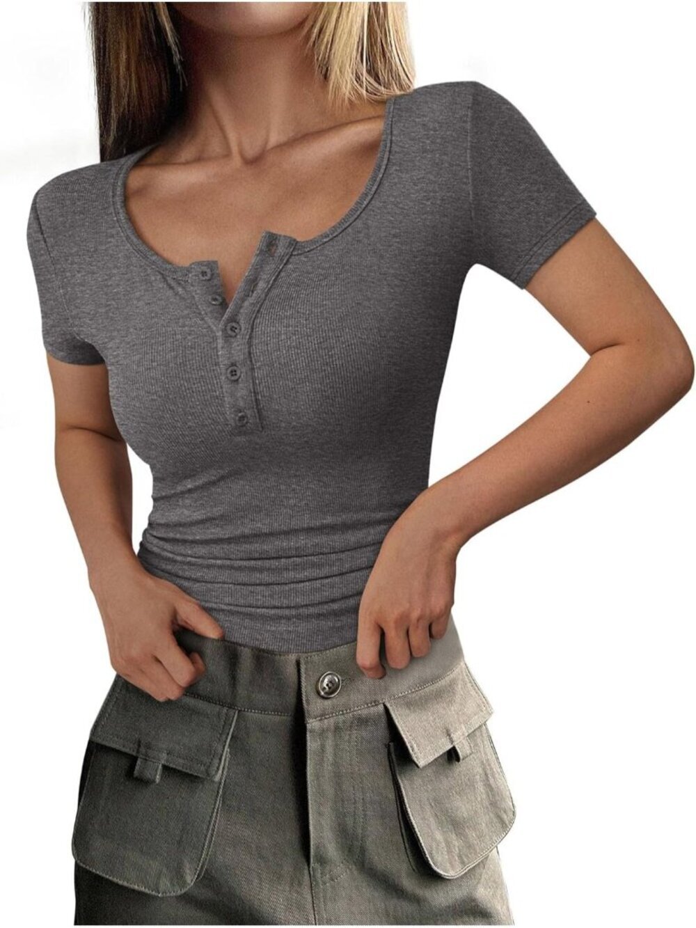 Women's Charcoal Short Sleeve Ribbed Henley Button Slim Fit Casual T Shirts - Picture 1 of 6